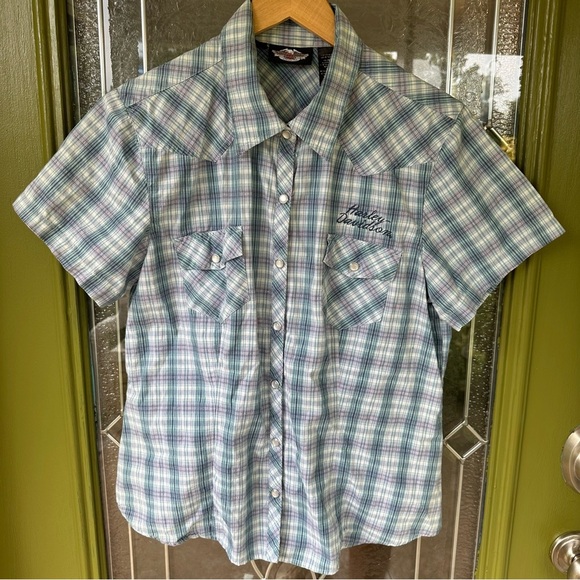 Harley-Davidson Large Short Sleeve Embroidered Blue Purple Silver Plaid Buttonup - Picture 2 of 8